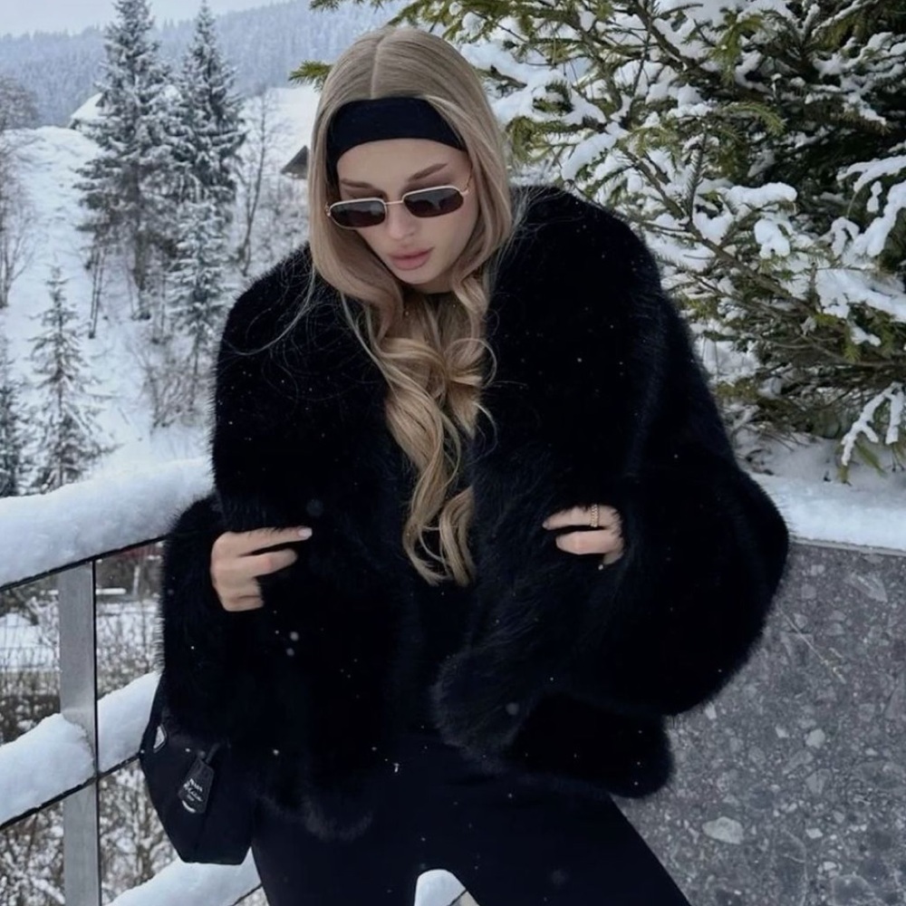 Elegant Black Faux Fur Coat women collared jacket - Picture 1 of 7